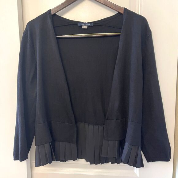 Tommy Hilfiger Women’s Black Pleated Hem Open Front Cardigan Sweater Size L - Picture 2 of 9